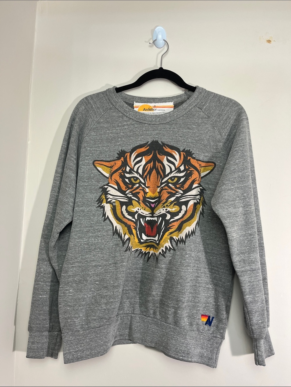 Aviator Nation Gray Crewneck Sweatshirt with Orange Tiger Graphic